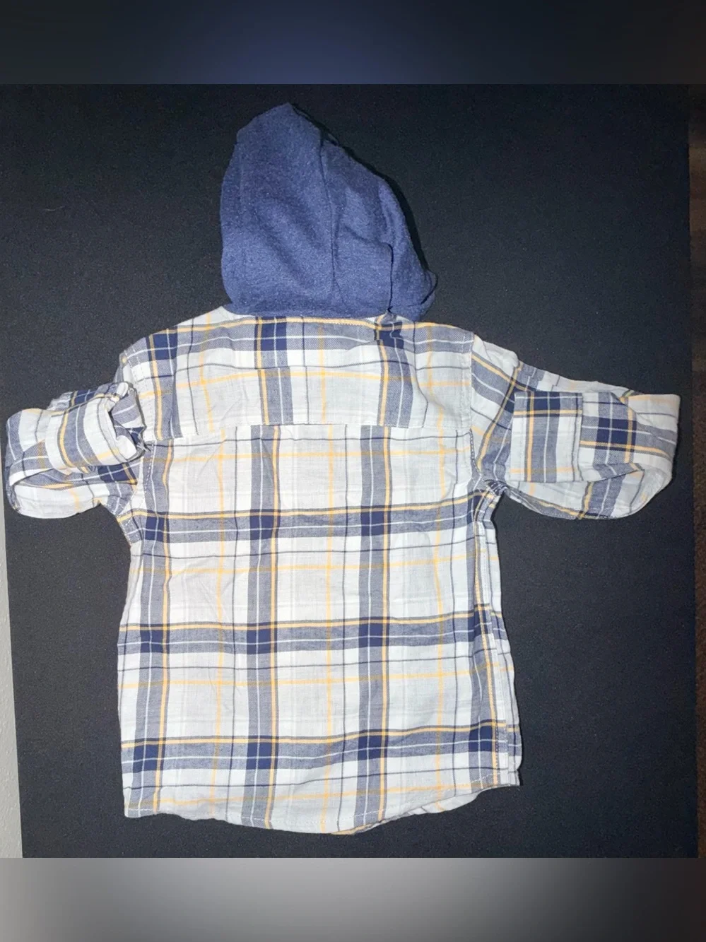 Carters Size 2T Plaid Hooded Button Up Long Sleeve Shirt Blue Yellow Gray NWT